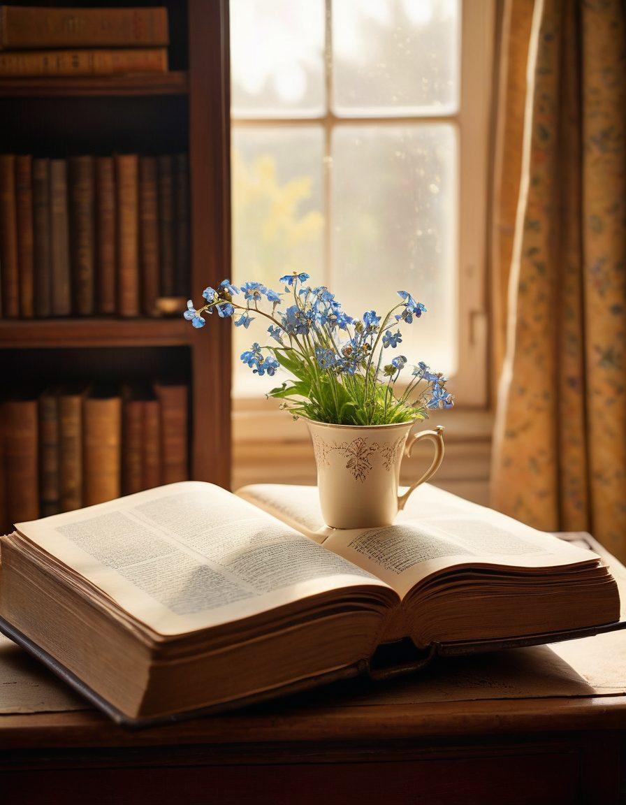 A nostalgic scene featuring an antique bookshelf overflowing with vintage books, with a soft warm light illuminating dust specks in the air. In the foreground, an open book with yellowed pages and an old photograph peeking out, evoking a sense of memory and history. Delicate flowers like forget-me-nots rest beside the book, symbolizing sentimentality. A cozy armchair and a cup of tea complete this serene atmosphere. vintage illustration. warm tones. soft focus.