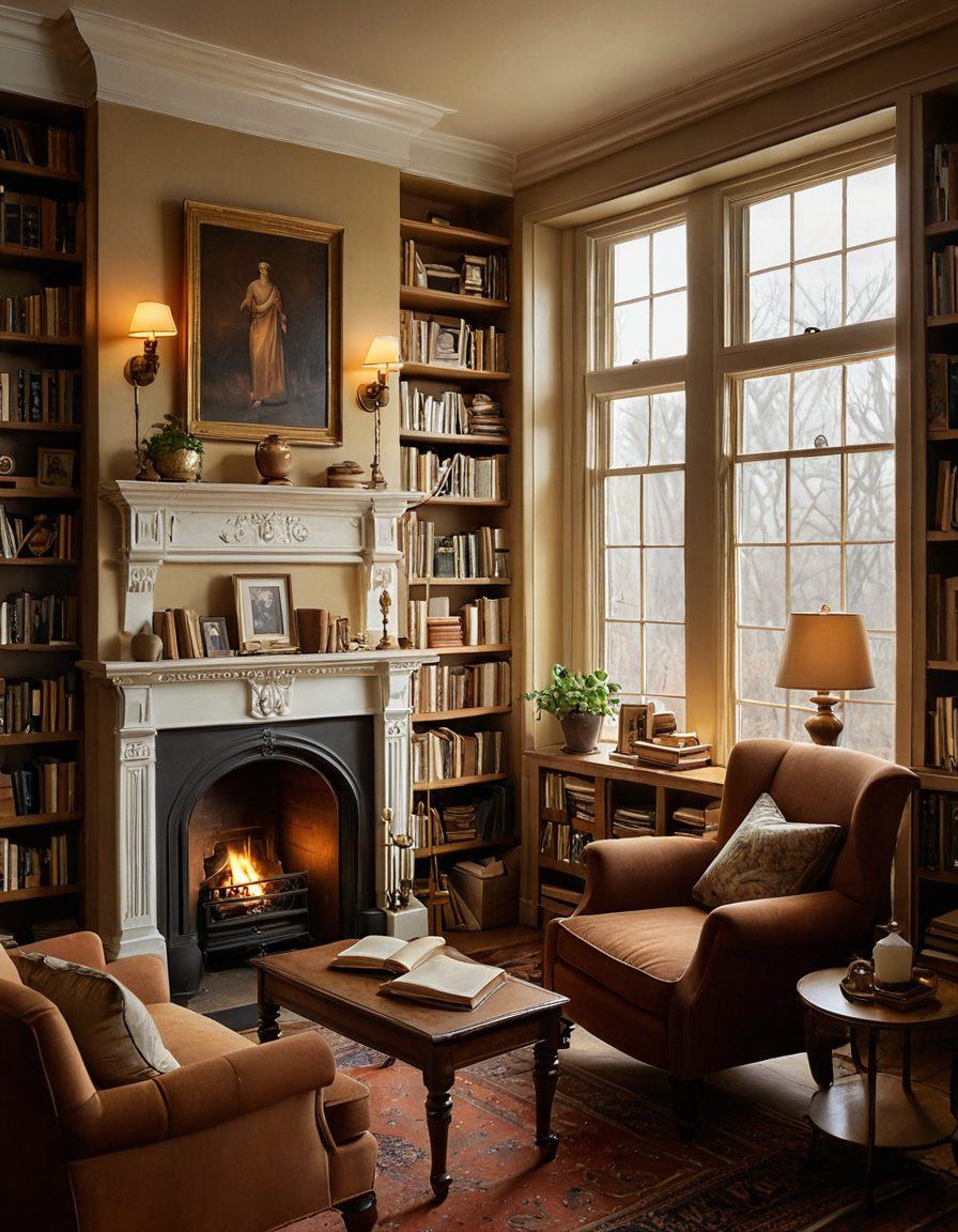 A cozy vintage library filled with antique books and a warm glow from a fireplace, featuring a plush armchair where a person is quietly reading a classic story. Soft musical notes float in the air, evoking nostalgia, while family photos and nostalgic trinkets decorate the shelves. A large window shows a tranquil sunset outside, radiating golden hues. Impressionistic style. warm colors. soft focus.