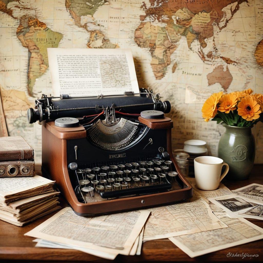 A nostalgic collage of classic items symbolizing cherished memories, such as an old-fashioned photo album, vintage postcards, and a retro typewriter, surrounded by soft, warm light. Include a background of faded maps and handwritten letters to evoke a sense of time travel. The scene should feel intimate and inviting, inviting viewers to reflect on their own past. super-realistic. warm colors. soft focus.